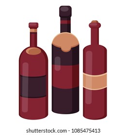 Glass bottles with wine, alcohol, black red, with yellow icicles, wooden crust. Glass glasses with wine, black rim, drink inside. Modern vector flat image design isolated on white background.