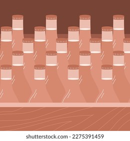 Glass bottles in a wooden box. Alcoholic drink. Wholesale product. Flat vector illustration