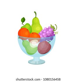 Glass bowl with fresh fruits. Sweet pears, apples, oranges and grapes. Natural and healthy food. Flat vector design
