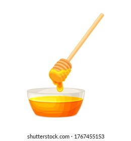 Glass Bowl Full of Honey and Dipper with Sticky Drops Vector Illustration