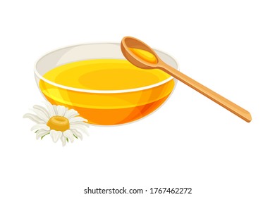 Glass Bowl Full of Honey and Spoon with Sticky Liquid Vector Illustration