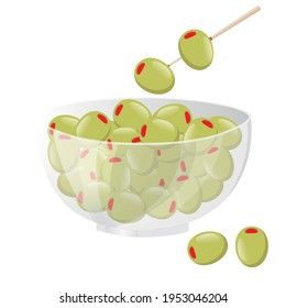 Un recipiente de vidrio de aceitunas verdes rellenas de pimienta envuelve elementos de diseño vectorial. Tazón de aceitunas verdes con aceitunas picadas de pimienta en palillos de madera, elementos de diseño vectores de palillos de dientes aislados en blanco.