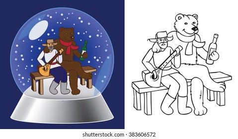 glass bowl illustration of a Russian man with balalaika and bear sitting on the bench