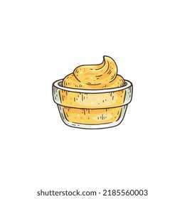 Glass bowl with mustard paste sauce hand drawn sketch vector illustration isolated on white background. Mustard food condiment or dip in small glass cup.