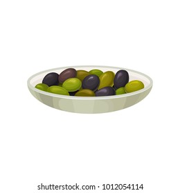 Glass bowl of pickled black and green olives vector Illustration