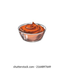 Glass bowl of red tomato ketchup sauce, hand drawn color engraving vector illustration isolated on white background. Food sauce or tomato based condiment.