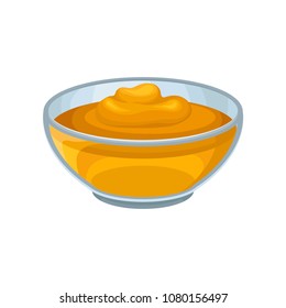 Glass bowl with sweet honey. Fresh and natural product from apiary farm. Flat vector design for promo poster or flyer