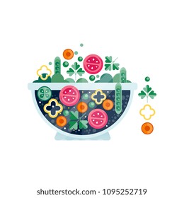 Glass bowl of tasty salad from tomatoes, peppers, green peas, parsley and carrots. Healthy food. Abstract flat vector icon with texture