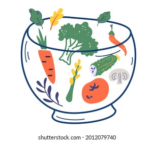 Glass bowl with vegetables. Various salad ingredients. Tomato, cucumber, mushroom, broccoli, salad, carrots and hot pepper. Concept for healthy food menu. Vegetarian, detox, organic, nature. Vector