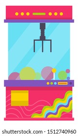 Glass box with claw to get toys from inside vector, isolated game machine flat style. Robotic hand tool, controller for grasping objects in container