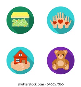 Glass box with donations, hands with hearts, house in hands, teddy bear for charity. Charity and donation set collection icons in flat style vector symbol stock illustration web.