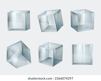 Caja de vidrio. Cuadros transparentes brillantes plantillas vectoriales realistas decentes de cubos geométricos