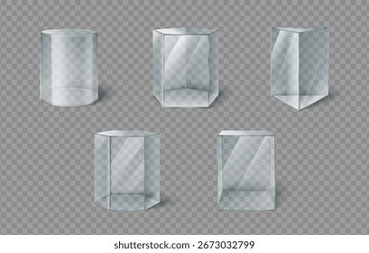 Vitrinas de museo de caja de vidrio con vitrinas cilíndricas, hexagonales y rectangulares transparentes para diseños de exposiciones. Vitrinas cristalinas para artefactos o coleccionables. Modernos pedestales de Galería