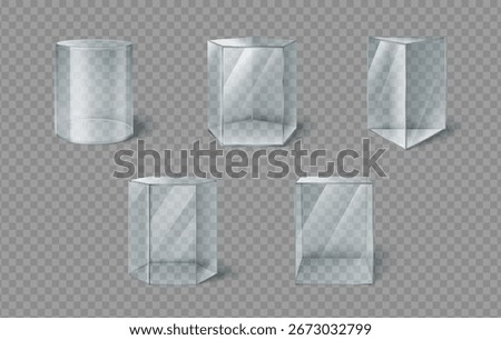 Glass box museum display cases with transparent cylindrical, hexagonal and rectangular showcases for exhibition designs. Crystal clear vitrines for artifacts or collectibles. Modern gallery pedestals