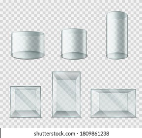 Glass box. Plastic cube with glossy glare reflections, cylinder blank exhibition showcase 3d realistic empty museum pedestal set expo stand isolated on transparent background vector mockups collection