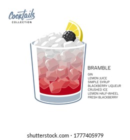 Glass of Bramble cocktail made of gin, lemon juice, sugar sypup and blackberry liqueur. Alcohol drink with crushed ice, lemon wheel and blackberry on white background vector illustration