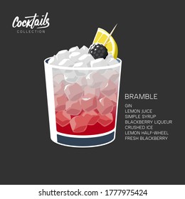 Glass of Bramble cocktail made of gin, lemon juice, sugar sypup and blackberry liqueur. Alcohol drink with crushed ice, lemon wheel and blackberry on black background vector illustration