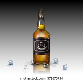 Glass brandy (bourbon, whiskey, cognac) bottle with drops, screw cap, isolated on white background. Vector illustration.