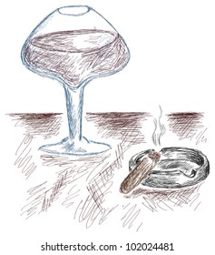 A glass of brandy and cigar, are drawn by strokes.