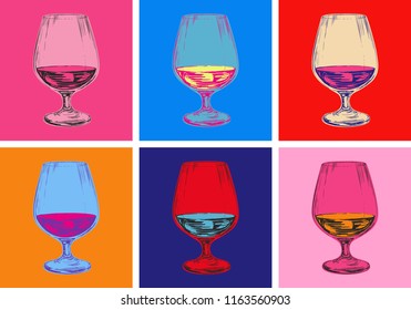 Glass of Brandy Hand Drawing Vector Illustration. Alcoholic Drink. Pop art style. Andy Warhol. Modern art