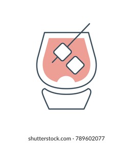 Glass of brandy with ice cubes. Concept of strong alcoholic beverage. Simple icon with black outline and pink fill color. Flat vector design for logo, bar or menu