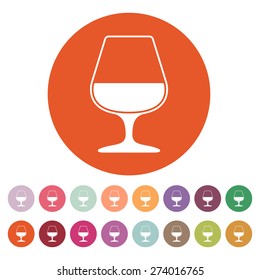 The glass with brandy icon. Brandy symbol. Flat Vector illustration. Button Set