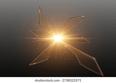 Glass breaking into sharp shards with glowing light burst and flying particles