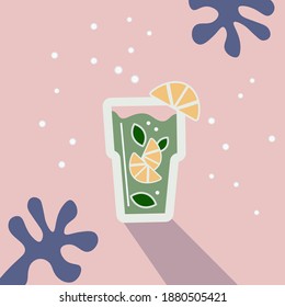 A glass of bright mojito drink with lemon slices and bubbles on a pink background. Decorative flat illustration. Refreshing cocktail.