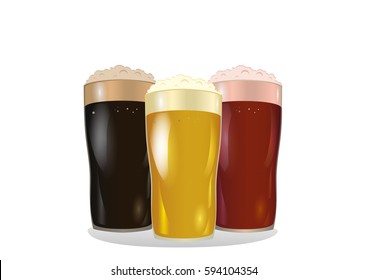 A glass with bright, red and dark beer. Invitation to the St. Patrick's Day. Greeting card with owlet. Free space for your ad or text. Vector illustration on white background.