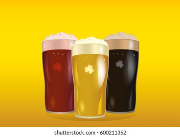 A glass with bright, red and dark beer. Invitation to the St. Patrick's Day. Greeting card with owlet. Free space for your ad or text. Vector illustration on yellow background.