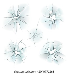 Glas gebrochen. Realistisch geknacktes Fenster. Beschädigte zerbrechliche Textureffekte, die mit Löchern und Splittern gesetzt werden. Eisbrecher. Deformierende Spiegel. Geschlüpfter Bildschirm. Vektor zerstörte Oberflächenbespannung