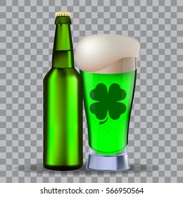 Glass and a brown bottle of beer isolated on transparency grid. Stock vector illustration. Green beer on st Patrick's Day