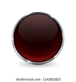 Glass brown shiny 3d button with metal frame. Vector illustration isolated on white background