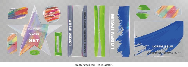 Glass brushstroke paint transparent shapes set. Modern abstract acrylic strokes on glass texture. Colorful artistic design elements for banners, labels, stickers.