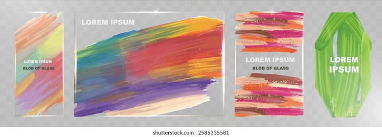 Glass brushstroke paint transparent shapes set. Modern abstract acrylic strokes on glass texture. Colorful artistic design elements for banners, labels, stickers.