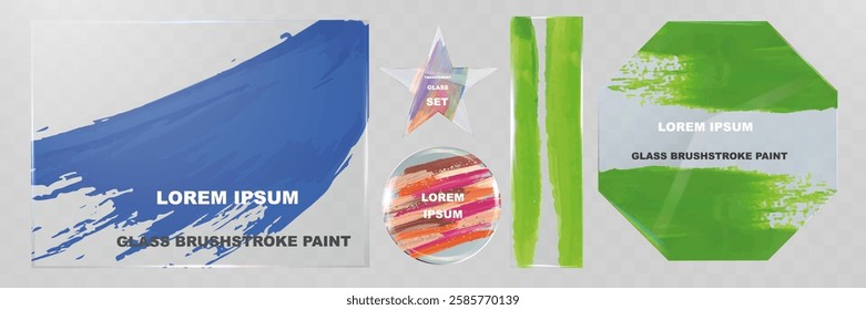 	
Glass brushstroke paint transparent shapes set. Modern abstract acrylic strokes on glass texture. Colorful artistic design elements for banners, labels, stickers.