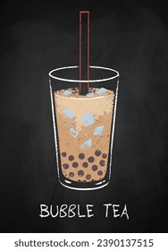 Glass of Bubble tea isolated on black chalkboard background. Vector chalk drawn sideview grunge illustration.