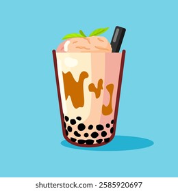 A glass of bubble tea with a scoop of ice cream topped with whipped cream and a leaf