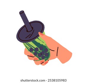 Glass of bubble tea with straw in female hand. Cup of boba drink, herbal tea, juice. Woman holds transparent mug of green organic beverage. Flat isolated vector illustration on white background