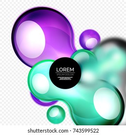 Glass bubbles blue and purple colors on grey, modern techno liquid design. Vector illustration