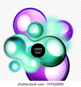 Glass bubbles blue and purple colors on grey, modern techno liquid design. Vector illustration