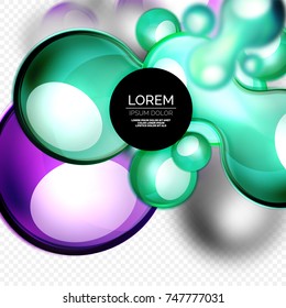 Glass bubbles blue and purple colors on grey, modern techno liquid design. Vector illustration