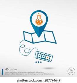 Glass bulb icon and pin on the map. Line icons for application development, creative process. 
