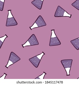 Glass bulb seamless random pattern in medicine style. Purple colored artwork with labaratory equipment. Decorative backdrop for wallpaper, textile, wrapping paper, fabric print. Vector illustration.