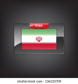 Glass button of the flag of Iran with a red bow. (Vector EPS10)
