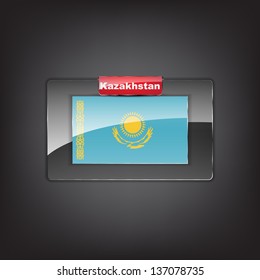 Glass button of the flag of Kazakhstan with a red bow. (Vector EPS10)