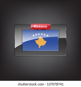 Glass button of the flag of Kosovo with a red bow. (Vector EPS10)