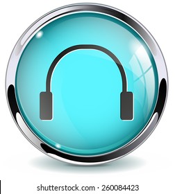 Glass button  -  Headphones. Round web media icon with metallic frame. Vector Illustration isolated on white background.