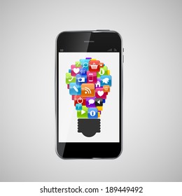 Glass Button Icon Set Lamp Idea on Mobile Phone Concept . Vector Illustration 