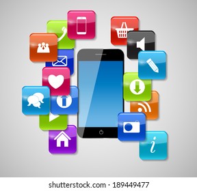 Glass Button Icons and Phone . Vector Illustration